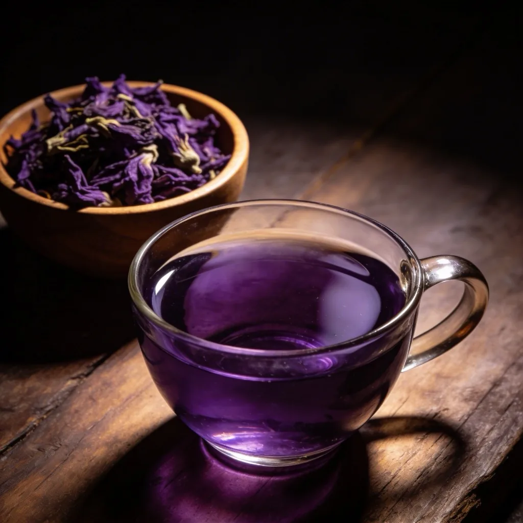 Purple Tea in Glastasse mit getrockneten Teeblattern